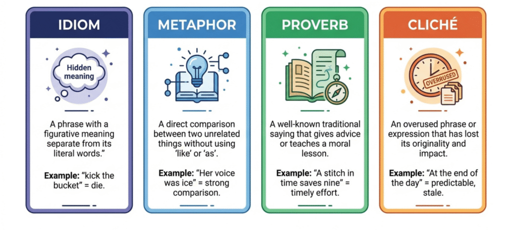 Comparison of idioms metaphors proverbs and clichés with examples