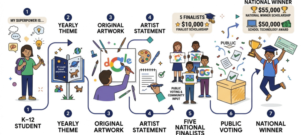 Doodle for Google contest process showing student artwork, finalists, public voting, scholarships, and national winner