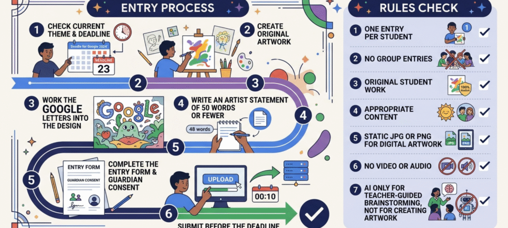 Doodle for Google entry checklist showing submission steps, originality rules, digital format, and AI restrictions