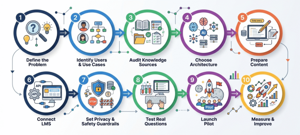 E-learning chatbot implementation roadmap from planning and LMS integration to testing and optimization