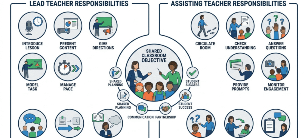 Lead teacher and assisting teacher responsibilities in one teach one assist