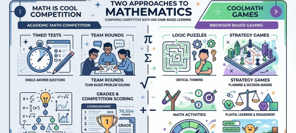 Math Is Cool competition compared with Coolmath Games for math learning and browser gaming