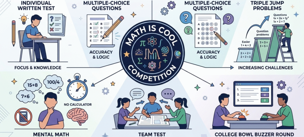 Math Is Cool competition with individual tests, mental math, team rounds and College Bowl