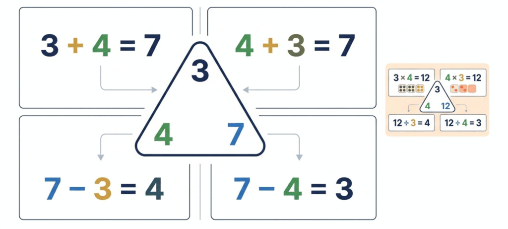Math fact family showing related addition subtraction multiplication and division equations