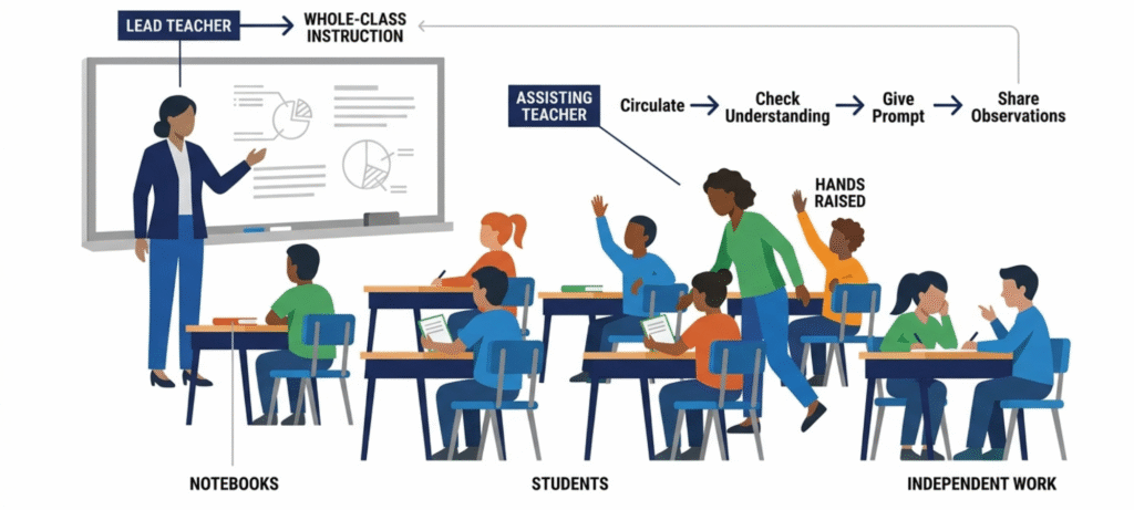 One teach one assist co-teaching model with one teacher leading and another supporting students