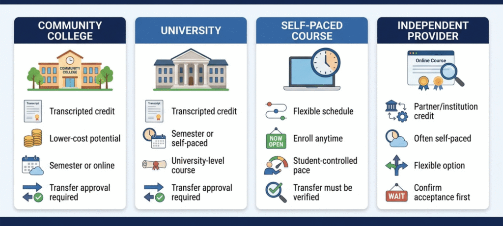 Online Calculus 3 options comparison showing community college university self-paced and independent courses