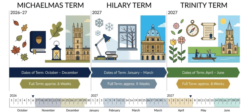 Oxford term dates 2026–27 showing Michaelmas, Hilary and Trinity Full Term periods