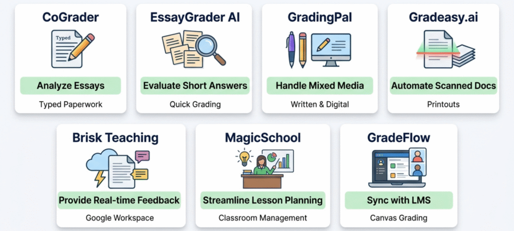 Seven free AI grading tools for teachers compared by assignment type and main use