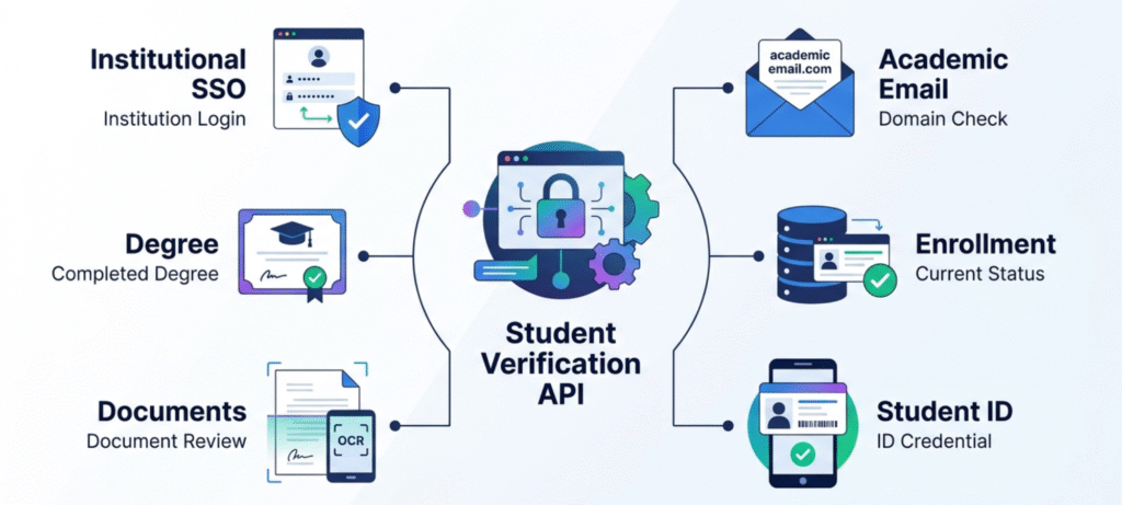 Six types of student verification APIs including academic email, enrollment, student ID, documents, degree and institutional SSO.