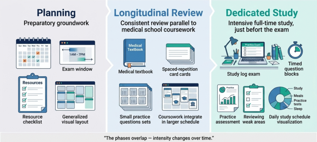 Step 1 planning, longitudinal review, and dedicated study phases