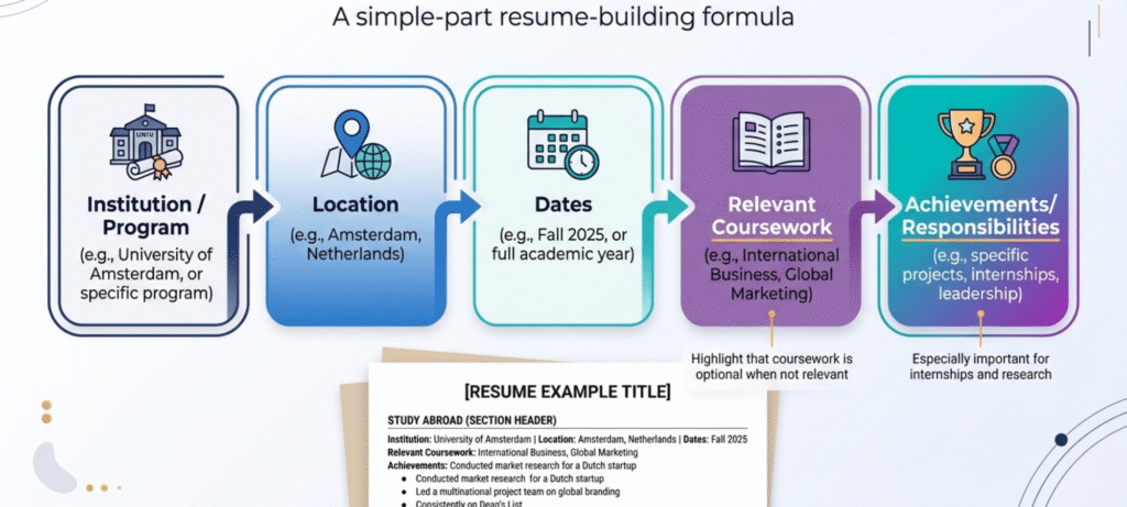 Study abroad resume entry showing institution, location, dates, coursework, and achievements