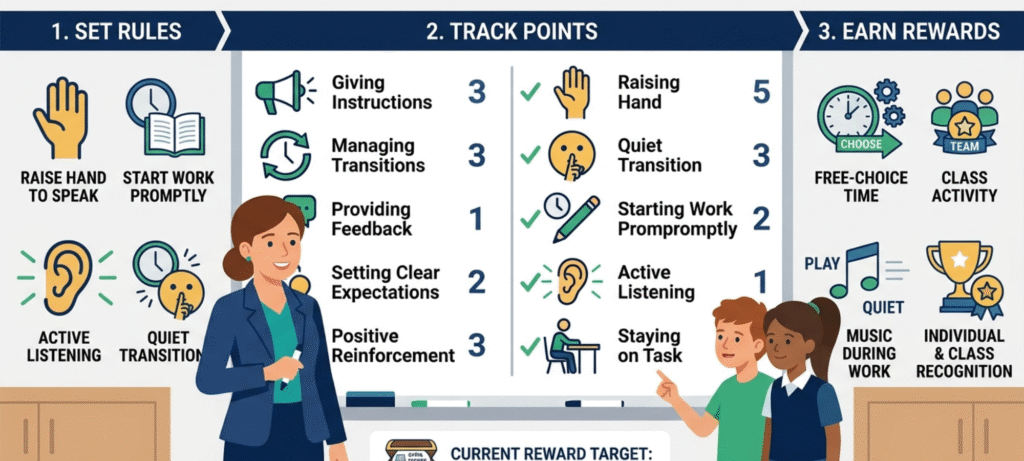 Teacher vs student classroom management rules, point tracking, and student rewards