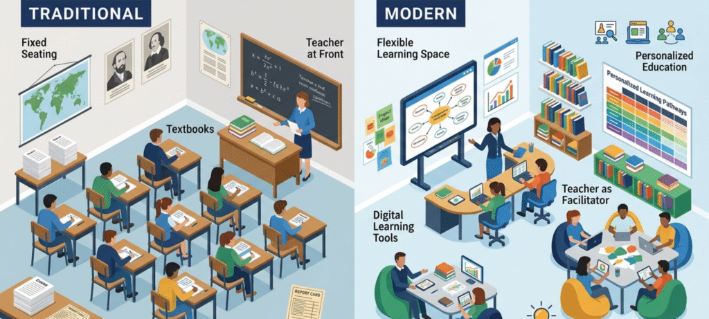Vector comparison of traditional and modern approaches to education
