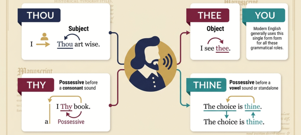 explaining the differences between thou, thee, thy, thine, and modern you