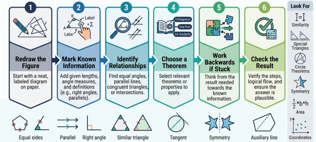 geometry problem solving framework showing how to redraw, identify relationships, choose theorems, and check the answer