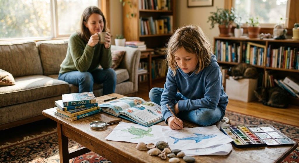 Child exploring an interest independently during unschooling