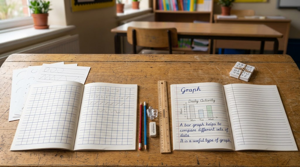 Early years handwriting practice materials with wide-lined workbook