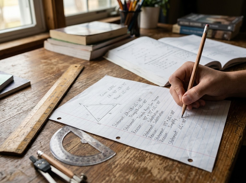 Student working through a geometry proof with a triangle diagram