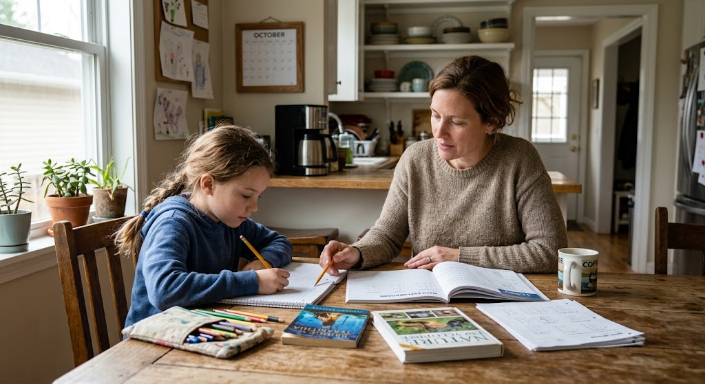 Parent helping a child with structured homeschool work at home