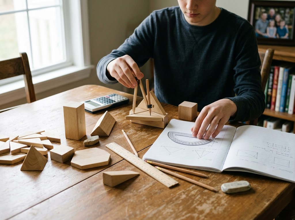 Homeschool student using hands-on materials to practice geometry