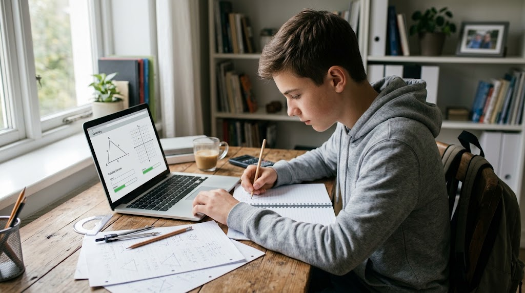 Student completing an online geometry lesson at home