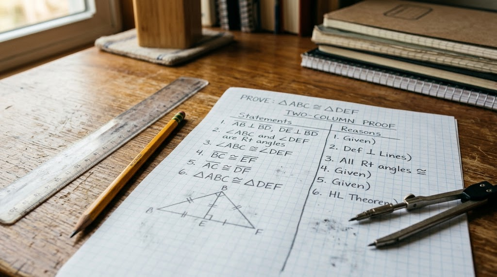 Handwritten geometry proof with triangle diagram and geometric reasoning