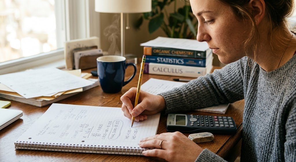 Student calculating a test percentage from points earned