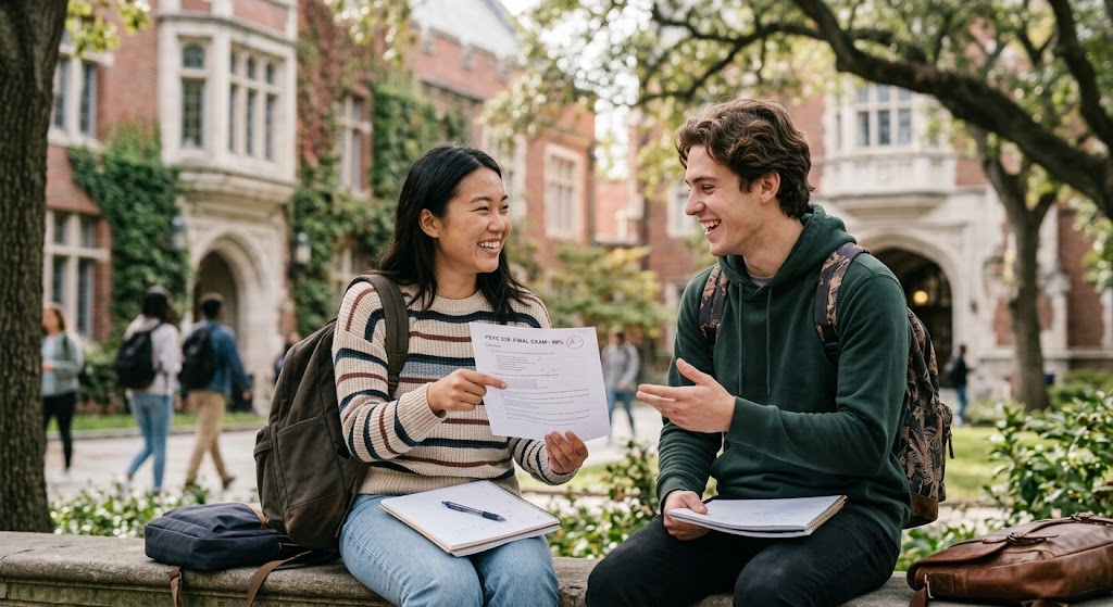 College students discussing an exam result on campus
