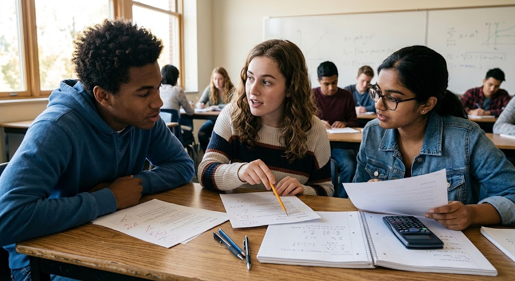 Students comparing graded quiz results in a classroom