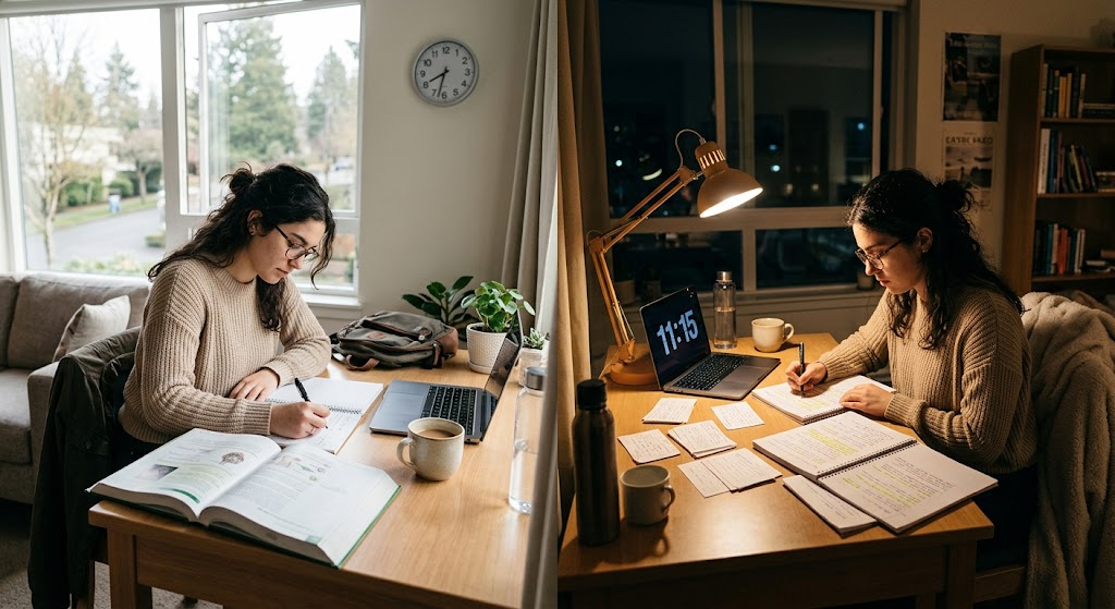 Student studying during morning and evening sessions