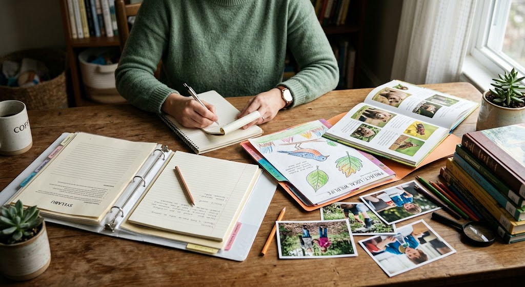 Parent reviewing homeschool portfolio and informal learning records