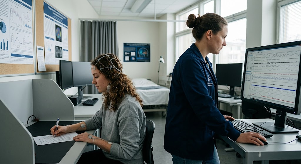 Researcher studying sleep and learning patterns in a university laboratory