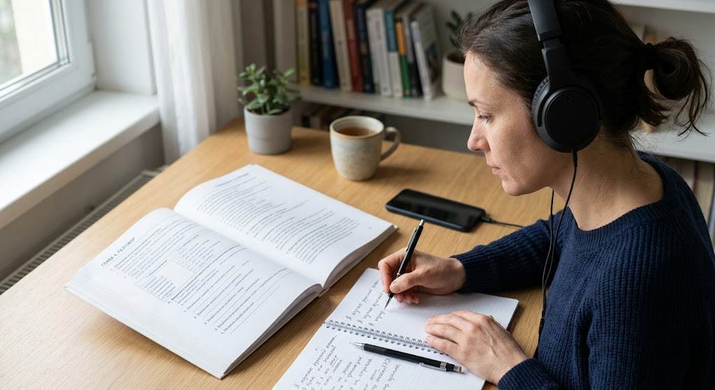 Student using a Russian textbook with audio for self-study