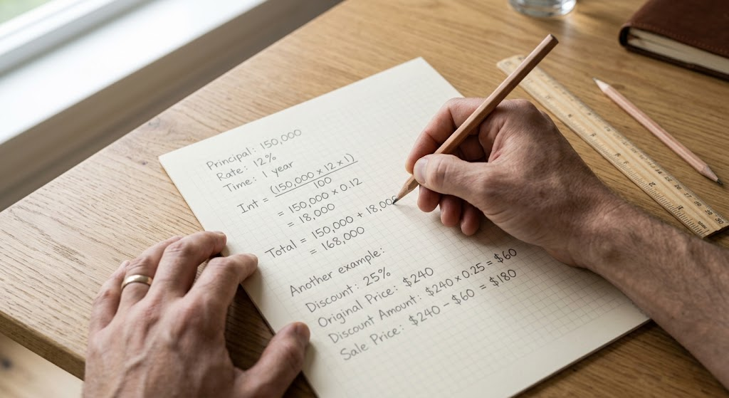 person working through a percentage calculation step by step