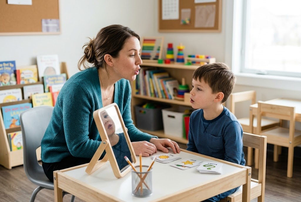 Speech-language pathologist demonstrating articulation to a child