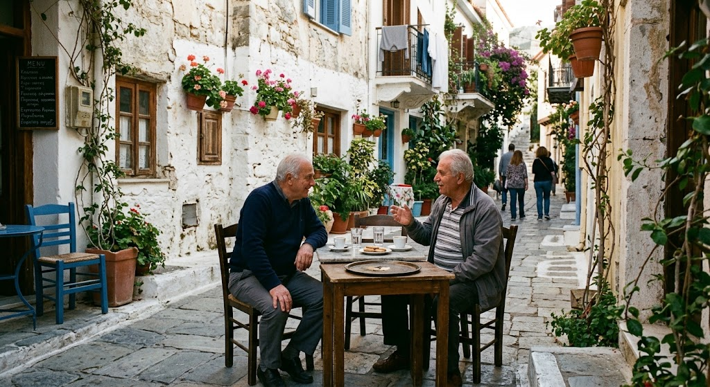 people experiencing everyday Greek culture while learning the language