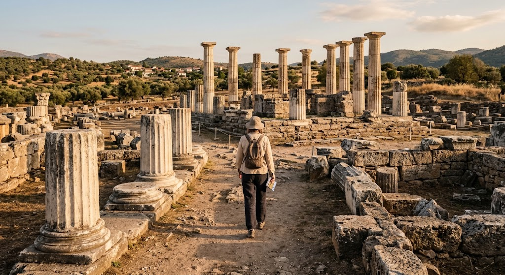 visitor exploring ancient Greek historical ruins