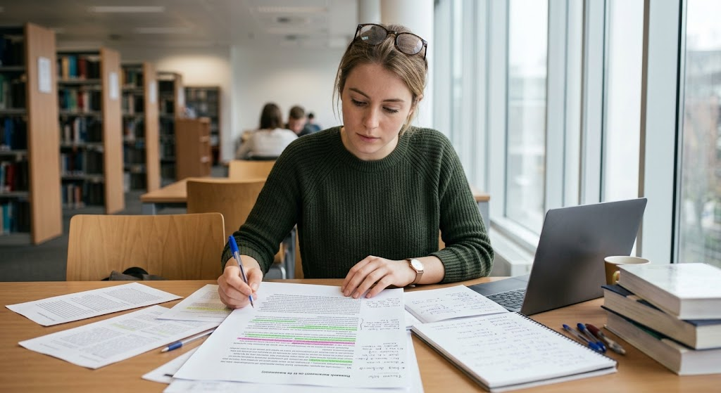 Student reviewing an academic thesis document