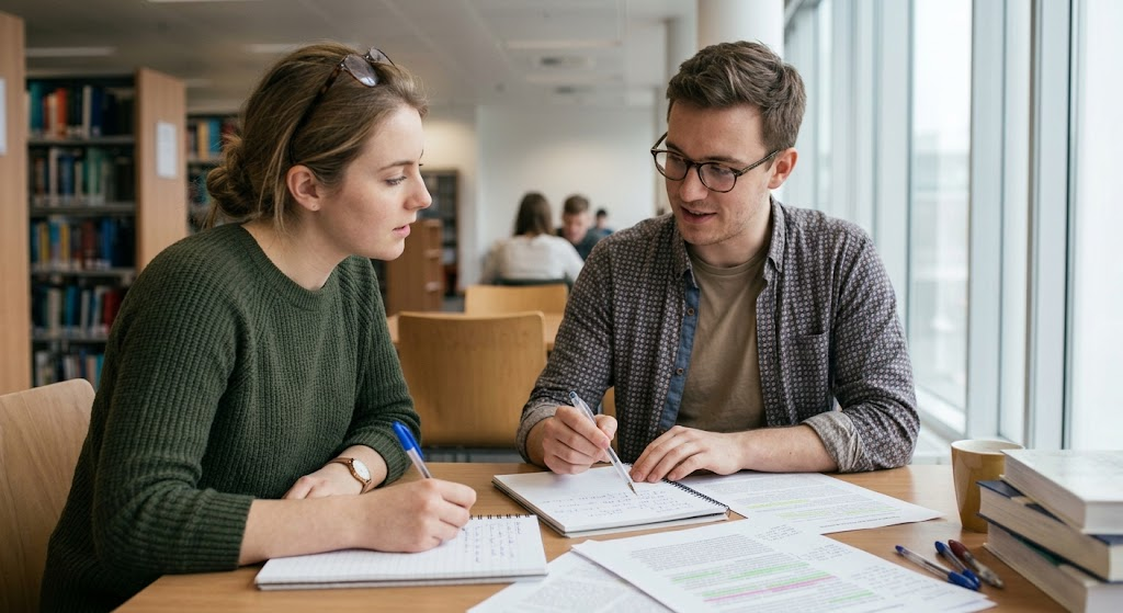 Student discussing thesis writing with a writing tutor