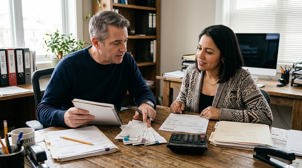 Accountant and business owner preparing tax documents