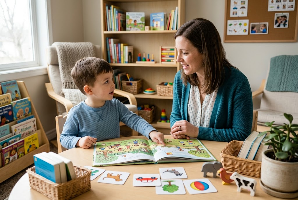 Child using picture cards and a book during language therapy
