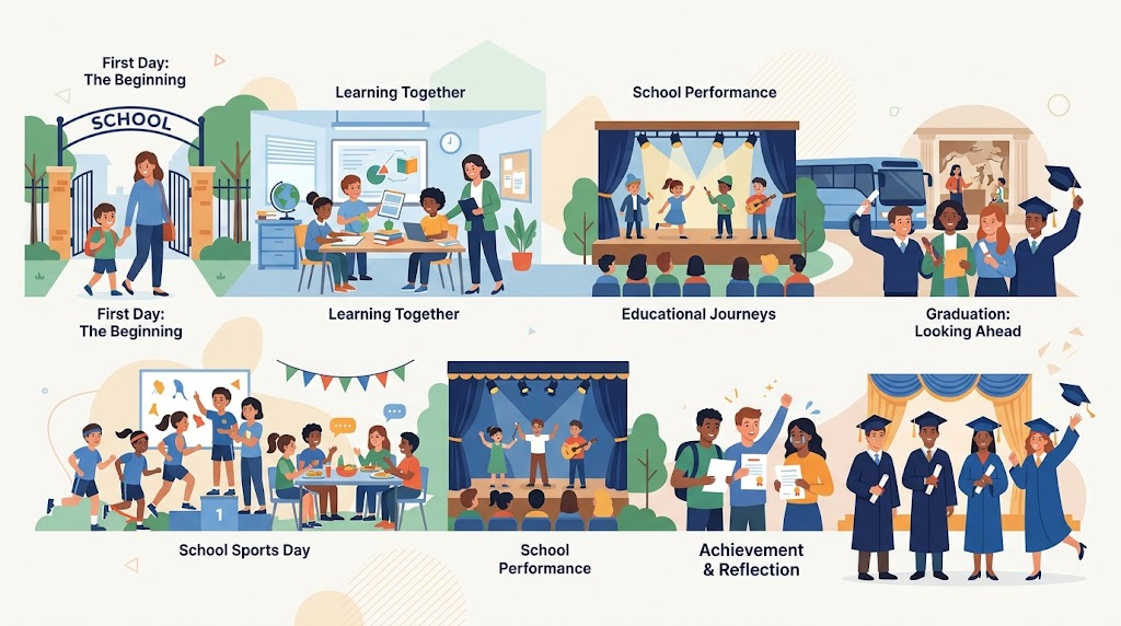 School memories timeline showing learning friendships sports trips celebrations and graduation
