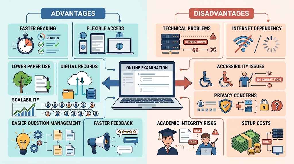 Online examination advantages and disadvantages including flexibility, faster grading, technical issues and privacy concerns