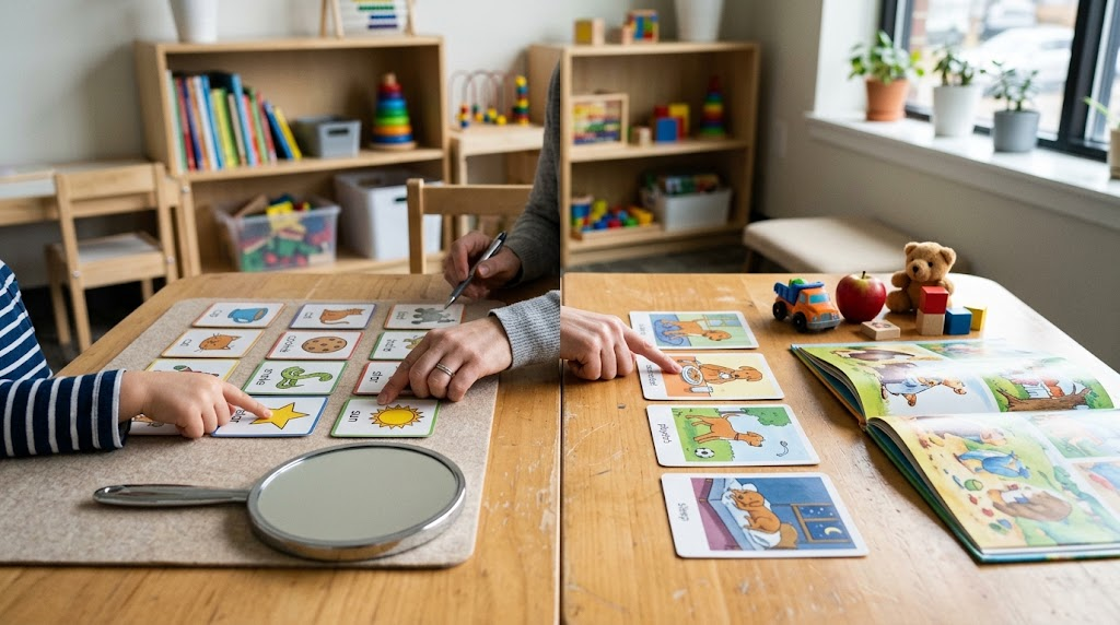 Speech articulation and language activities shown in a therapy setting