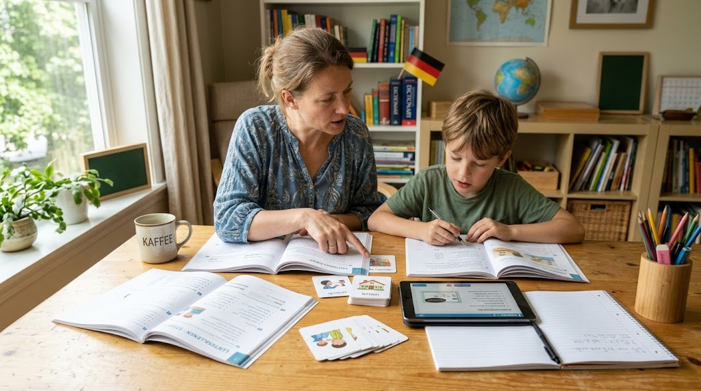 Parent and child comparing German homeschool curriculum options