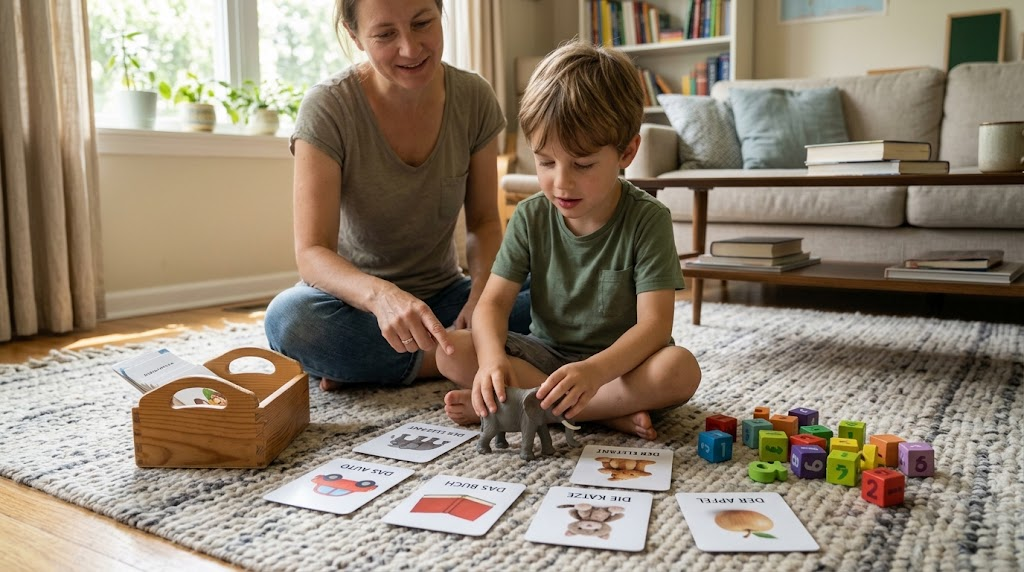 Young homeschool student learning German with hands-on vocabulary activities