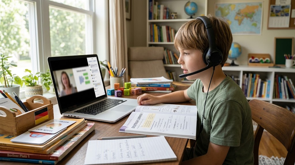 Middle school homeschool student attending an online German class