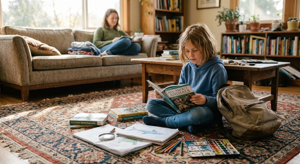 Child reading and exploring during a relaxed deschooling period