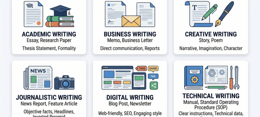 six major writing formats infographic showing academic business creative journalistic digital and technical writing