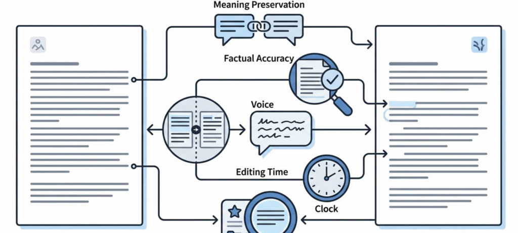 AI humanizer quality checklist comparing original and rewritten text for meaning, accuracy, voice, editing time and usefulness.